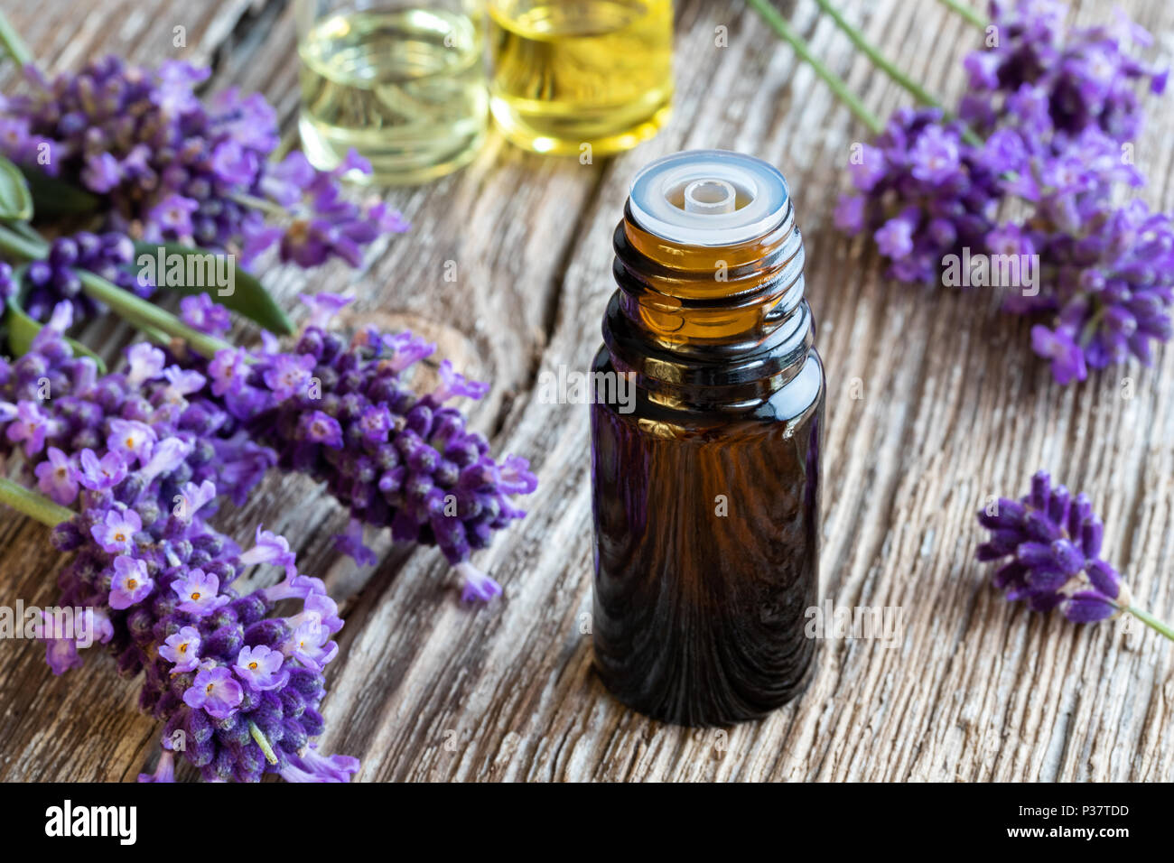 A bottle of essential oil with fresh blooming lavender twigs on a ...