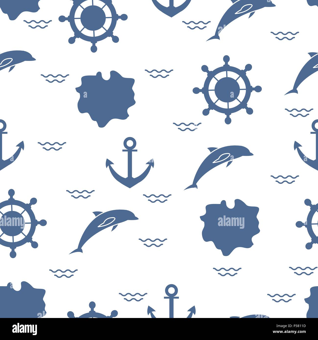 Seamless pattern with dolphins, anchors, steering wheels, waves, islands. Summer leisure. Stock Vector