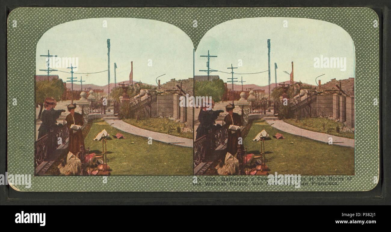 . Gathering a few home relics at the ruins of the at the ruins of the Wenban Palace, Van Ness Ave., San Francisco.  Coverage: 1906. Source Imprint: 1906. Digital item published 2-16-2006; updated 2-12-2009. 118 Gathering a few home relics at the ruins of the at the ruins of the Wenban Palace, Van Ness Ave., San Francisco, from Robert N. Dennis collection of stereoscopic views Stock Photo