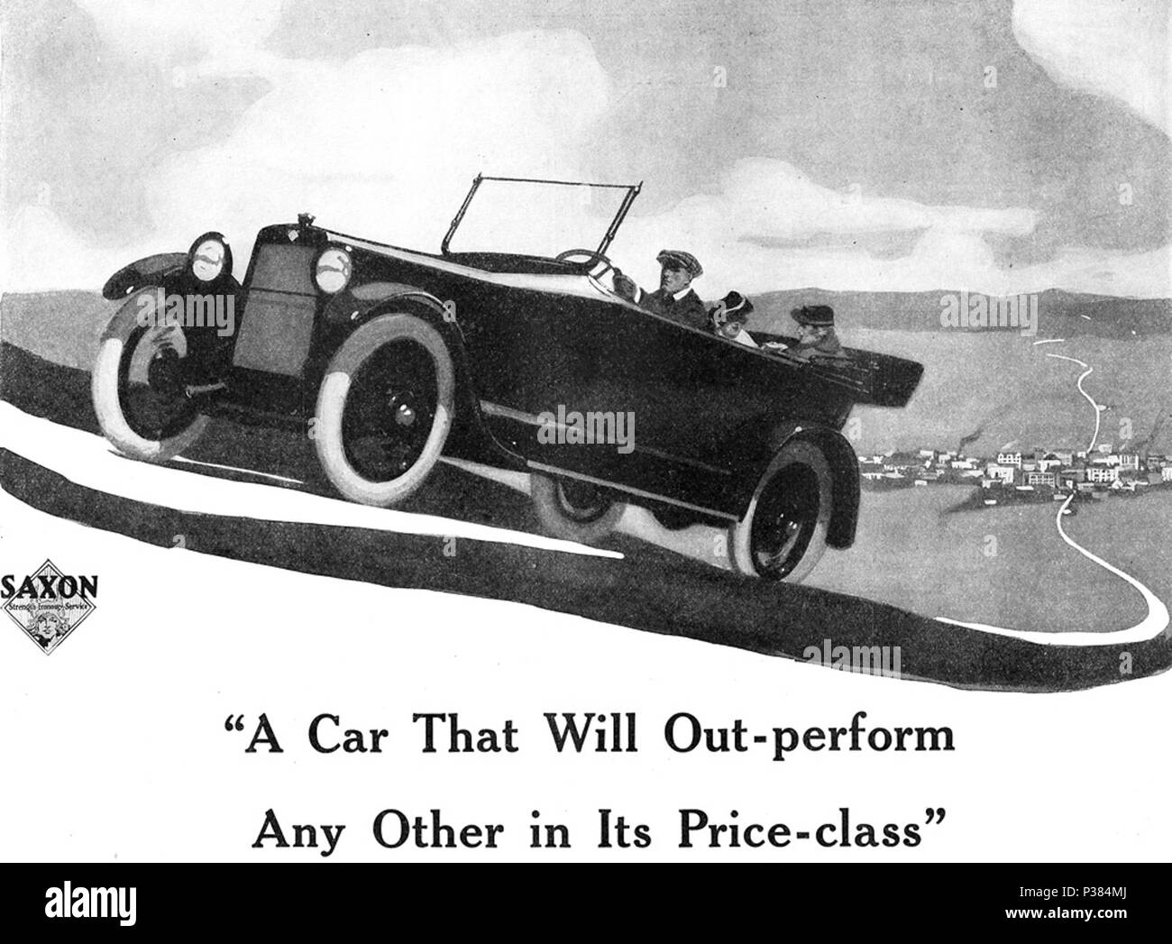 . English: Advertisement for the Saxon Six ran in the November 25, 1916 Country Gentleman. Manufactured in Detroit from 1914 to 1922,Saxon was one of the top 10 autos in sales, selling more than 27,000 units in 1916. Saxons were powered by 4 and 6-cylinder Continental engines. 25 November 1916. Saxon 1 1916 Saxon advert Stock Photo