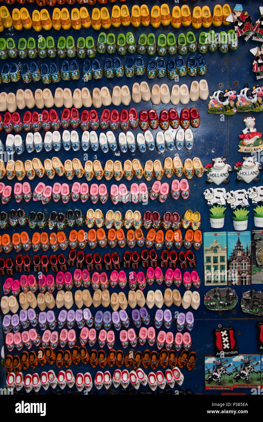 Miniature clogs in every color on display in a shop in the flower market, Amsterdam Stock Photo