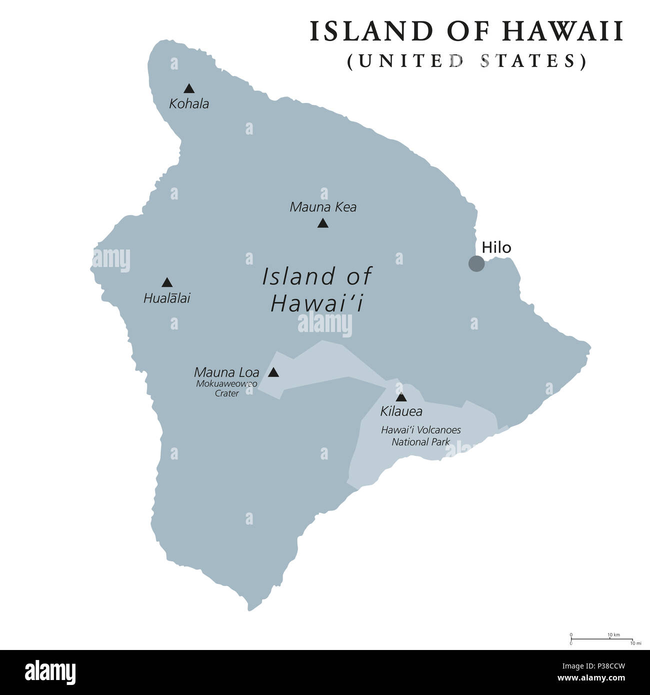 Island of Hawaii, gray colored political map. Largest island in the U.S. State of Hawaii in the North Pacific Ocean. Big Island, Big I, Hawaii Island. Stock Photo