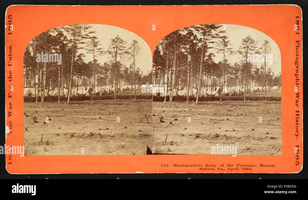 . English: Headquarters Army of the Potomac, Brandy Station, Va., April, 1864 . English: Stereograph showing rows of tents nestled between trees in the eastern half of camp. April 1864 2 Headquarters army of the potomac braandy station va april 1864 Stock Photo