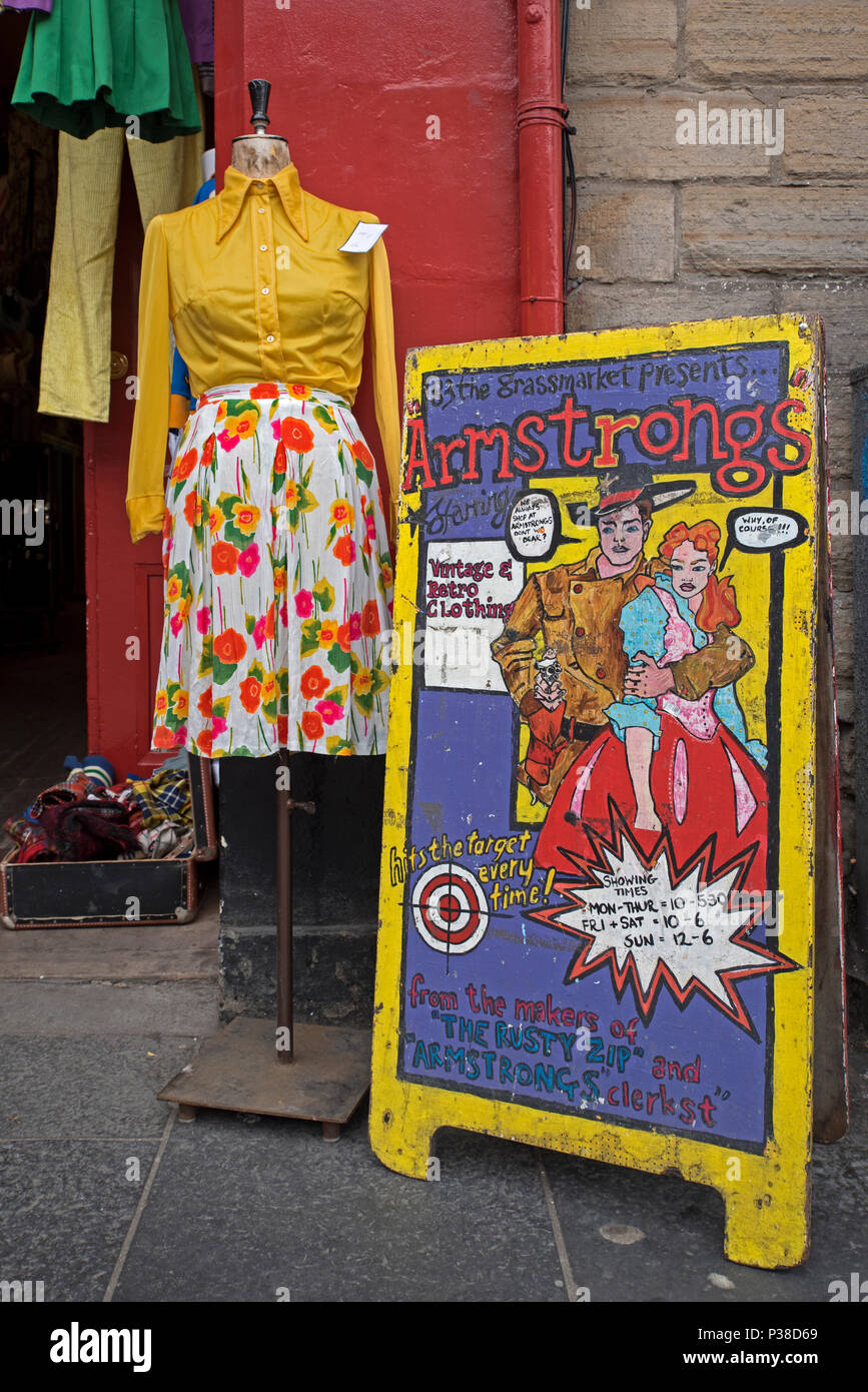 Vintage clothing on display at the entrance to Armstrong's Emporium in the Grassmarket in Edinburgh's Old Town. Stock Photo