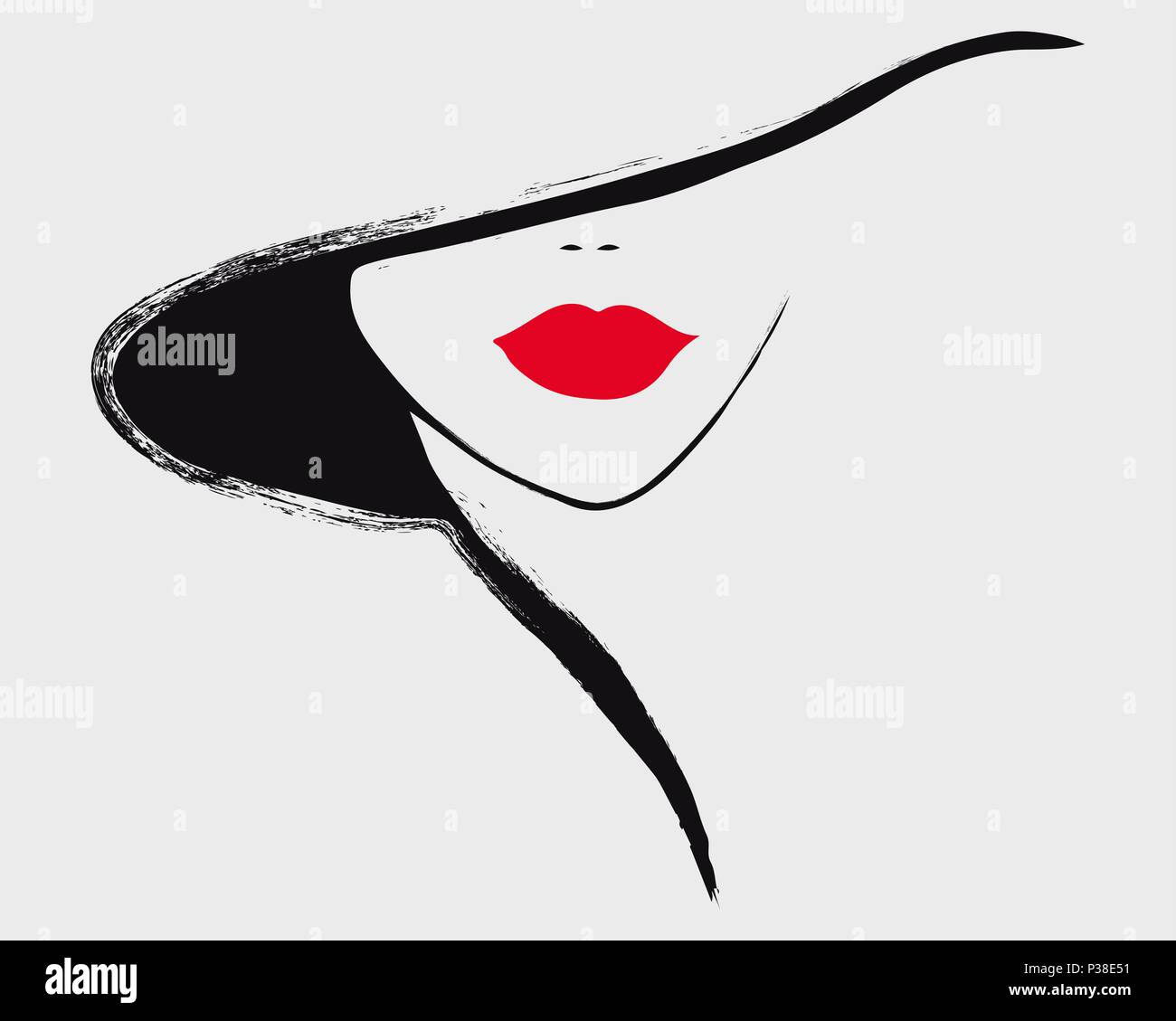 A stylish portrait of a girl whose eyes are covered with a hat. Vector illustration in 3 colors red, black, white. Stock Vector