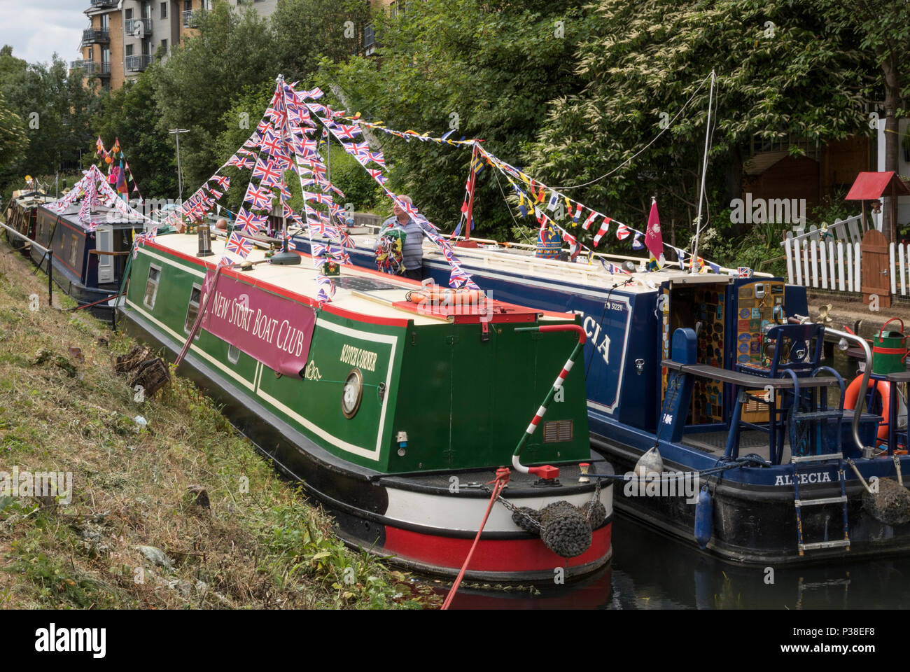 Narrow Boats Dressed Overall on River Stort for Festival Stock Photo