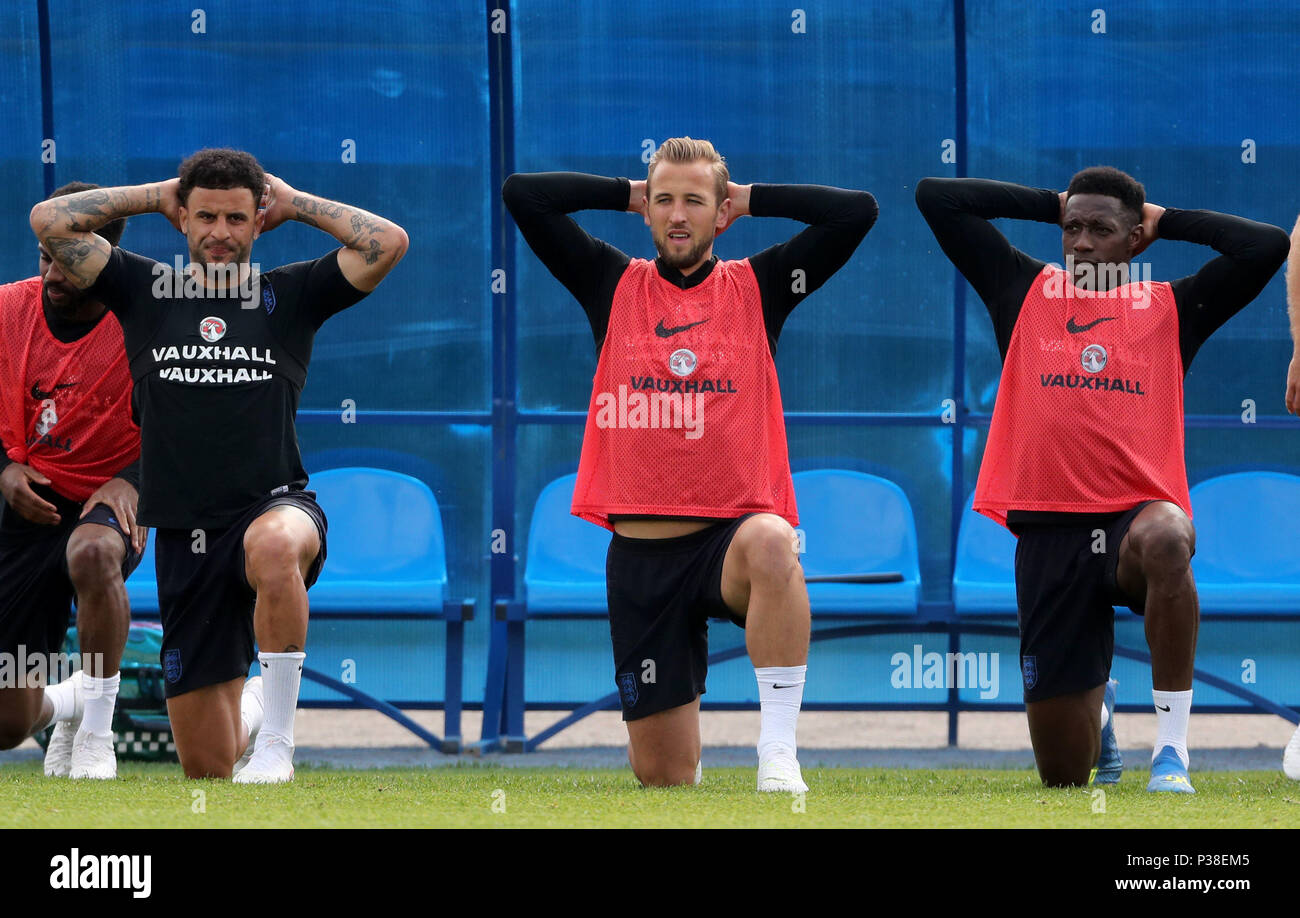 England's Kyle Walker (left), Harry Kane (centre) and Danny Welbeck during the training session at the Spartak Zelenogorsk Stadium, Zelenogorsk. Picture date: Sunday June 17, 2018. See PA story WORLDCUP England. Photo credit should read: Owen Humphreys/PA Wire. Stock Photo