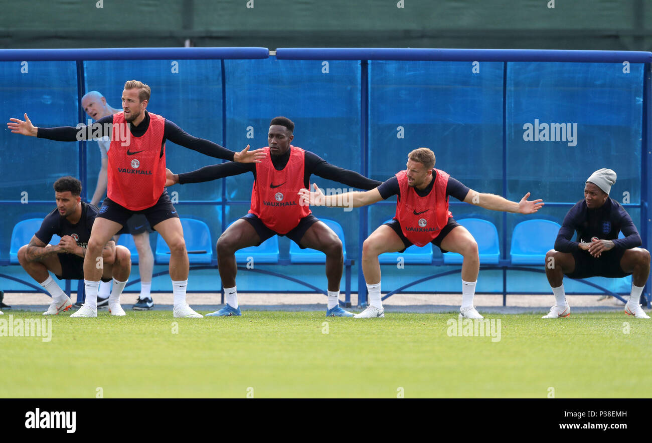 England's (left-right) Kyle Walker, Harry Kane, Danny Welbeck, Jordan Henderson and Fabian Delph during the training session at the Spartak Zelenogorsk Stadium, Zelenogorsk. Picture date: Sunday June 17, 2018. See PA story WORLDCUP England. Photo credit should read: Owen Humphreys/PA Wire. Stock Photo