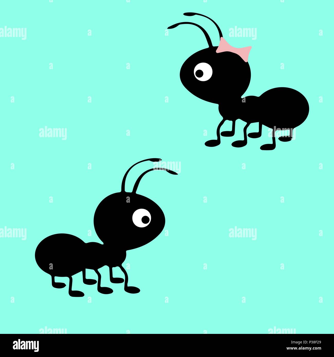 Cartoon couple of ants. Black ants on a blue background. Flat vector illustration. Stock Vector