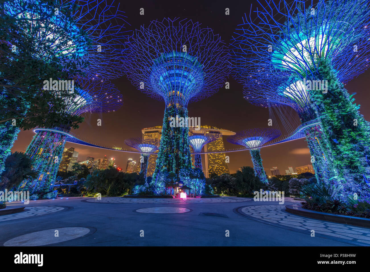 Singapore - April 13: Night view of the Supertree Grove in the Garden by the Bay with Marina Bay Sands background taken on April 13, 2018 in Singapore Stock Photo