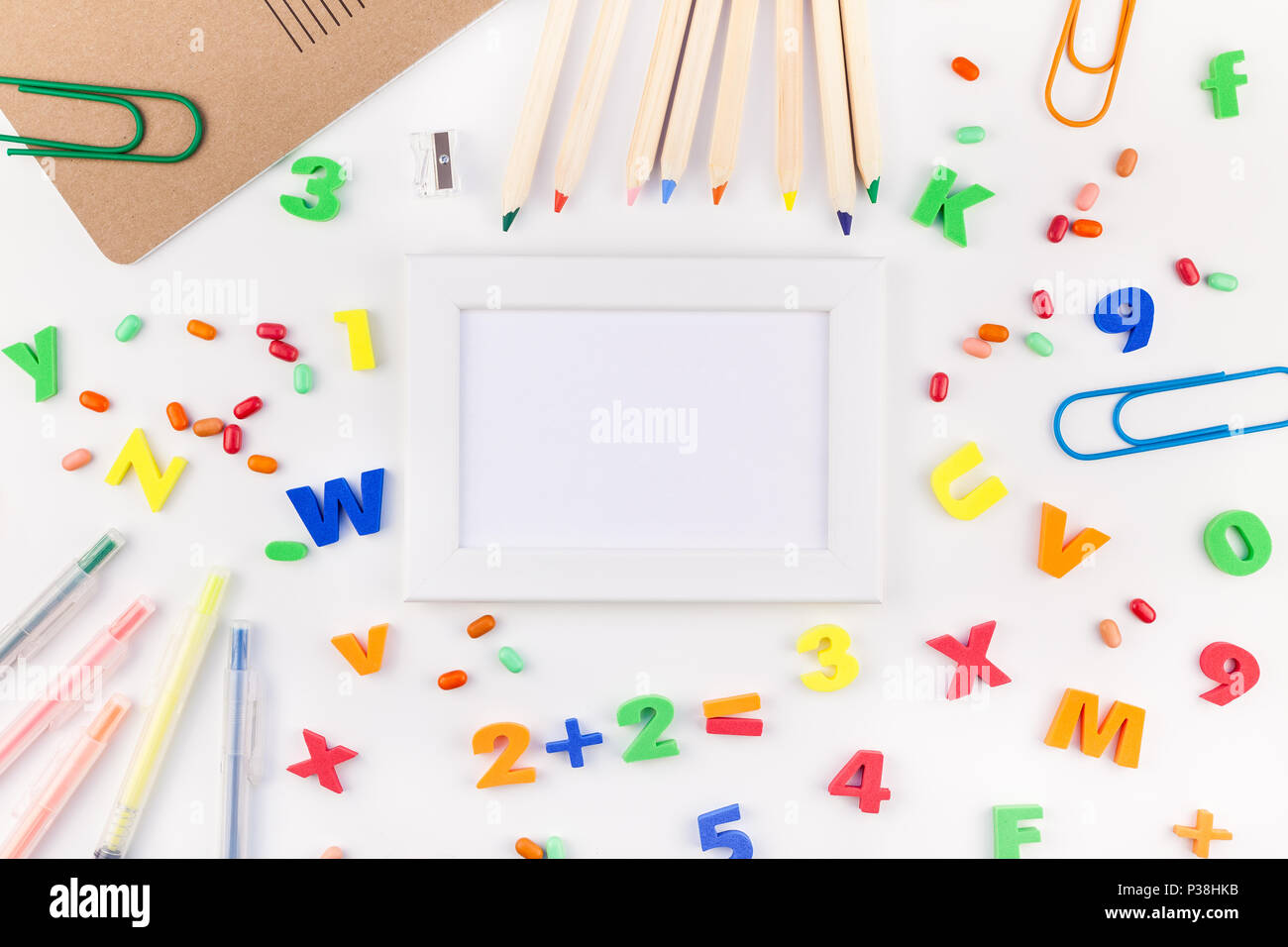 Creative flat lay back to school concept with color school and office ...