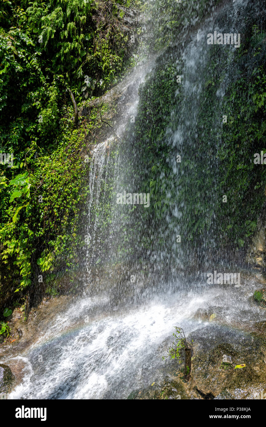 Waterfall at the Batu Caves. The Batu Caves  are caves and cave temples in Gombak, Selangor, Malaysia. Stock Photo