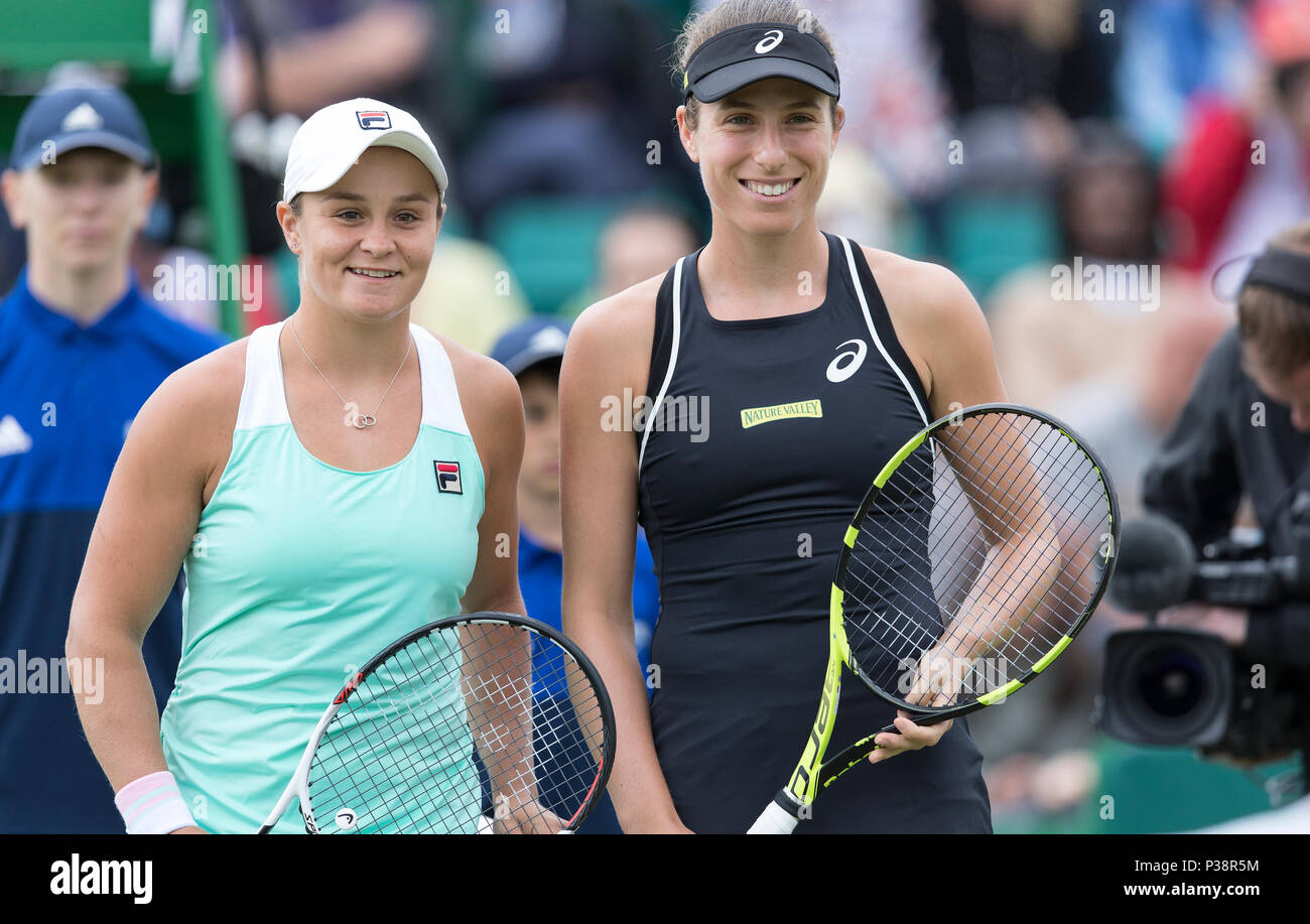 Johanna Konta and Ashleigh Barty during the Nature Valley Open final at Nottingham Tennis Centre, Nottingham. Picture date: 17th June 2018. Picture cr Stock Photo