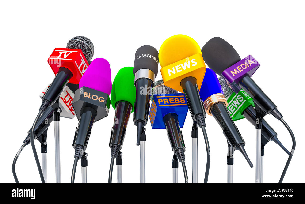 Press conference or interview concept. Microphones of different mass media,  3D rendering isolated on white background Stock Photo - Alamy