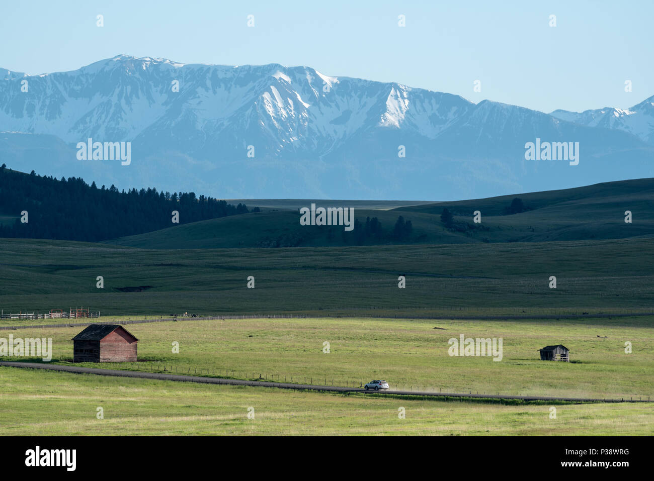 Driving on a gravel road on Oregon's Zumwalt Prairie.  The Wallowa Mountains in the background.0 Stock Photo
