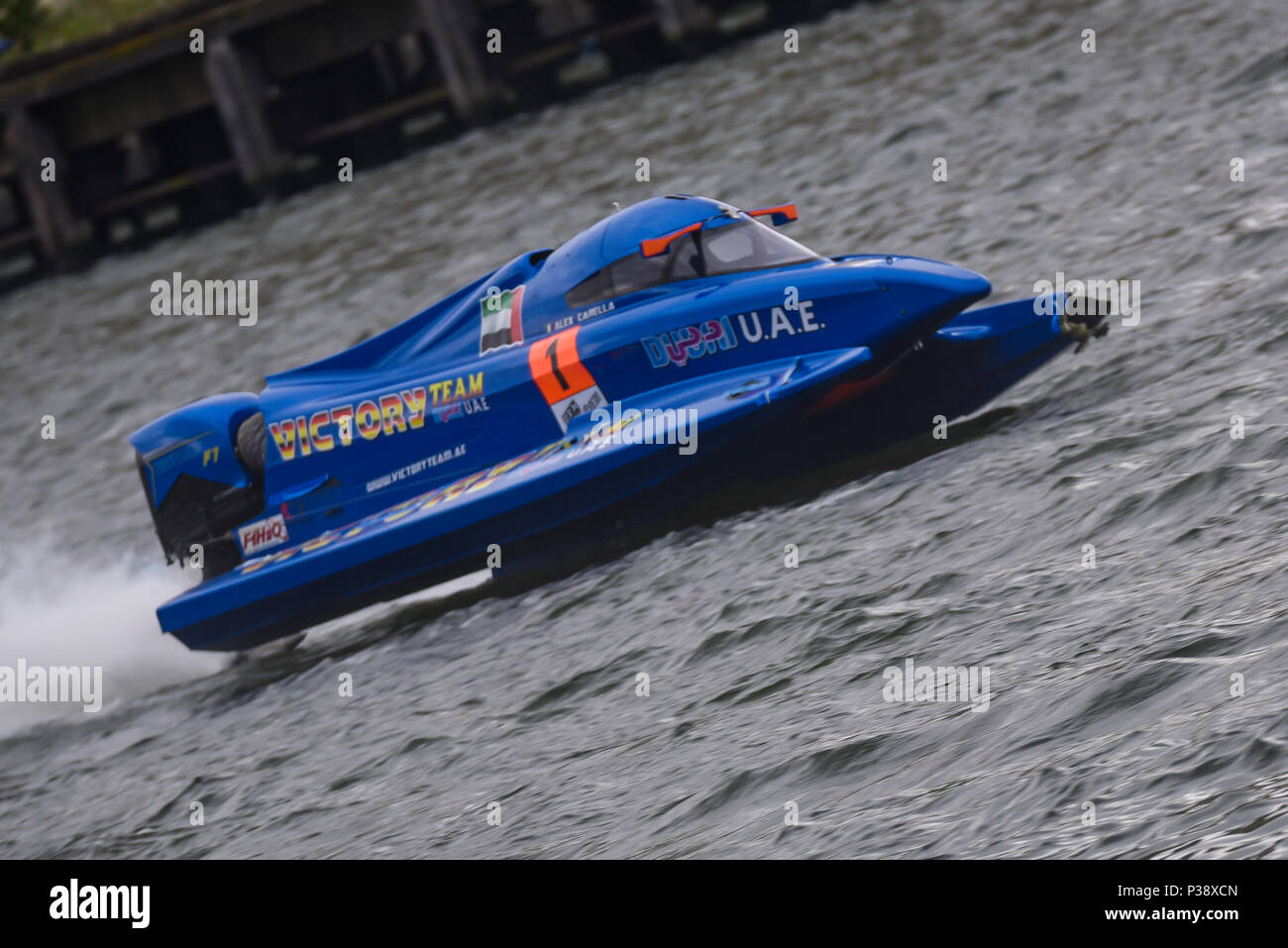 Alex Carella driving for Victory Team racing in the F1H2O Formula 1 Powerboat Grand Prix of London at Royal Victoria Dock, Docklands, Newham London, UK Stock Photo