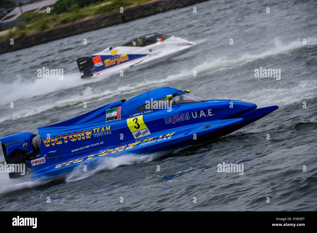 Ahmed Al Hameli driving for Victory Team racing in the F1H2O Formula 1 Powerboat Grand Prix of London at Royal Victoria Dock, Docklands, Newham London, UK Stock Photo