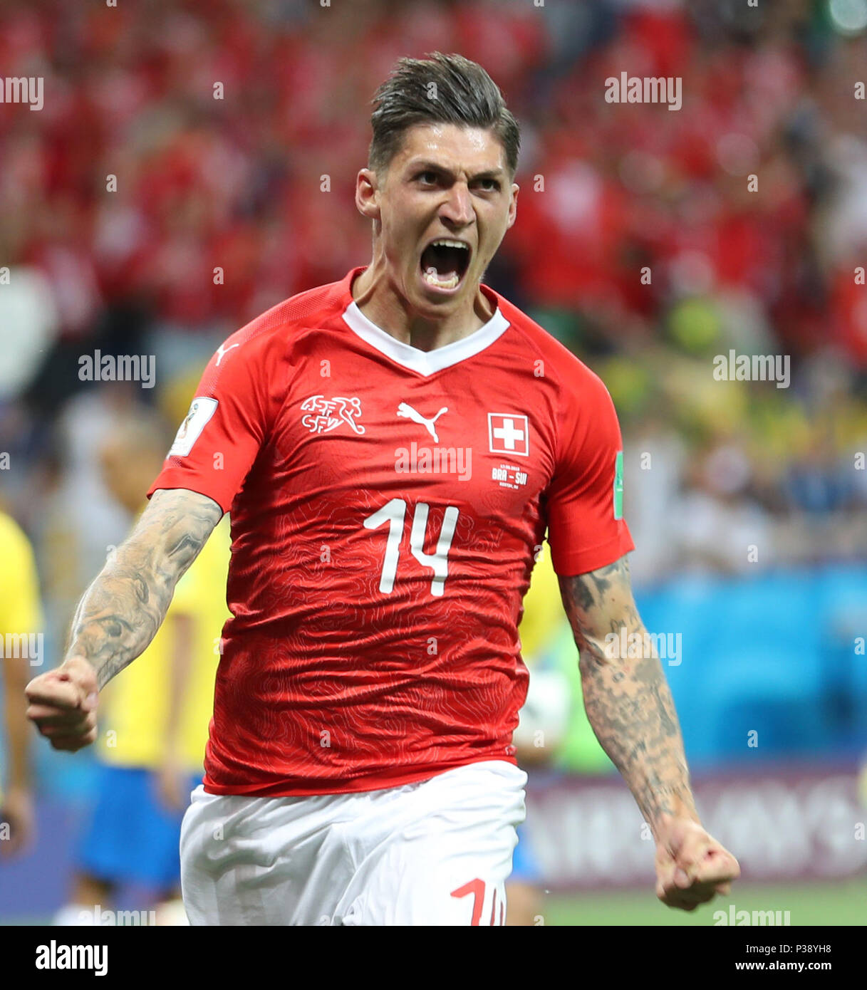 Rostov On Don. 17th June, 2018. Steven Zuber of Switzerland celebrates scoring during a group E match between Brazil and Switzerland at the 2018 FIFA World Cup in Rostov-on-Don, Russia, June 17, 2018. Credit: Lu Jinbo/Xinhua/Alamy Live News Stock Photo