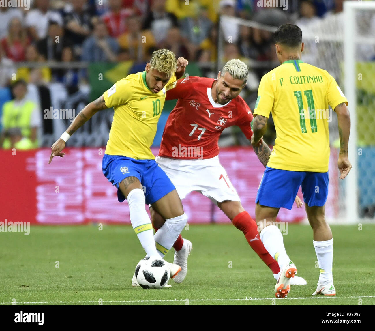 Rostov On Don. 17th June, 2018. Valon Behrami (C) of Switzerland vies with Neymar (L) of Brazil during a group E match between Brazil and Switzerland at the 2018 FIFA World Cup in Rostov-on-Don, Russia, June 17, 2018. The match ended in a 1-1 draw. Credit: Chen Yichen/Xinhua/Alamy Live News Stock Photo