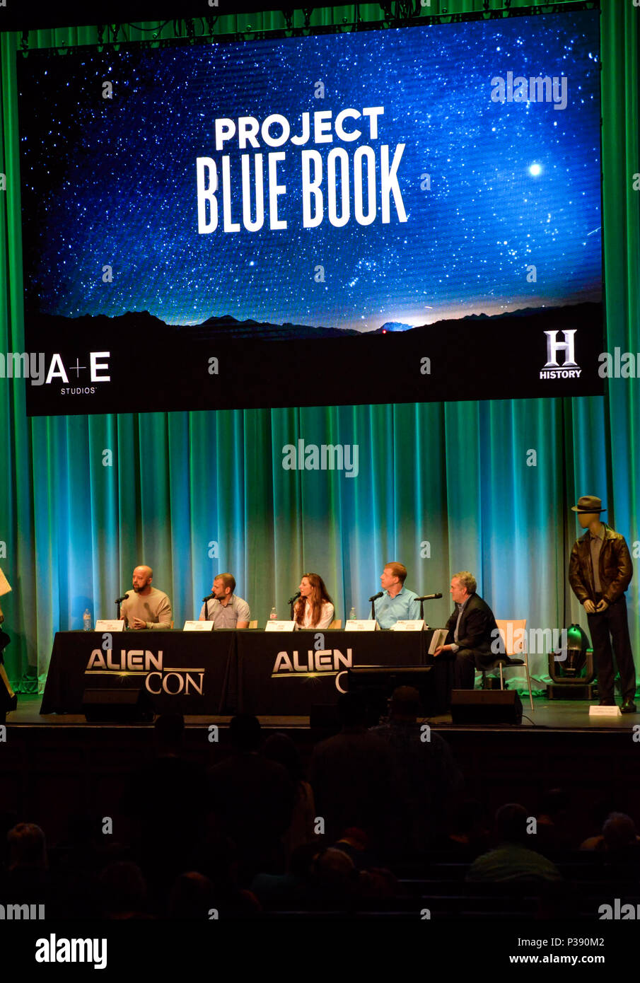 Pasadena, California, June 16, 2018, Sean Jablonski David Oâ€™Leary, Jackie Levine, Paul Hynek and moderator: Arturo Interian hold a discussion History Chanels new Show, Project Blue Book at AlienCon day 2. Credit: Ken Howard Images/Alamy Live News Stock Photo