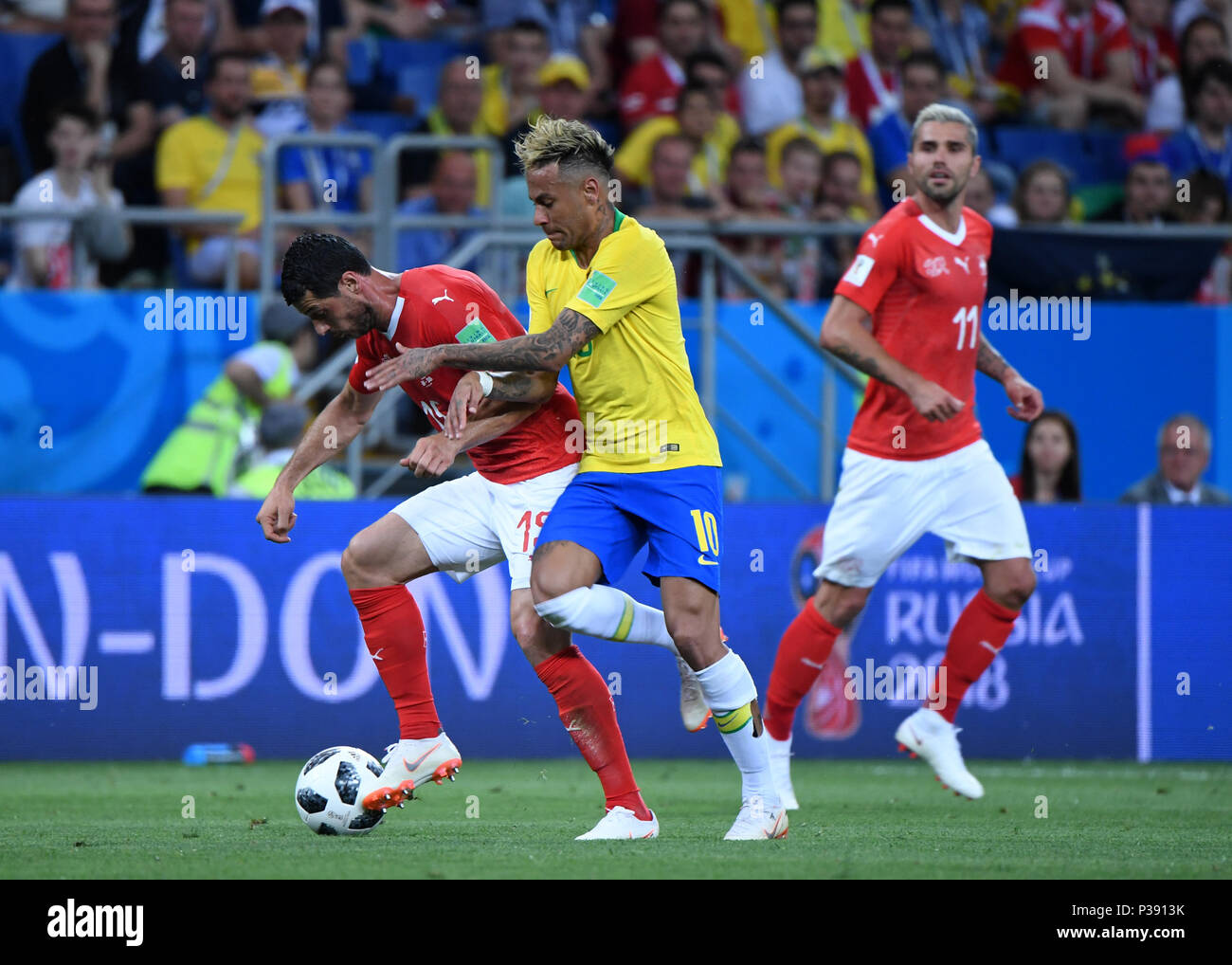 Rostov On Don. 17th June, 2018. Blerim Dzemaili (L) of Switzerland vies  with Neymar (C) of Brazil during a group E match between Brazil and  Switzerland at the 2018 FIFA World Cup