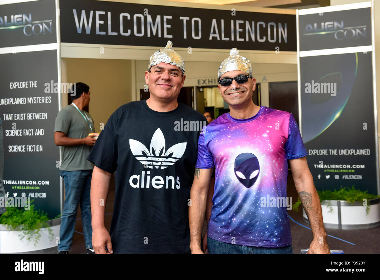Pasadena, California, June 16, 2018,  Alien Con day 2, Participants in tin foil hats. Credit: Ken Howard Images/Alamy Live News. Stock Photo