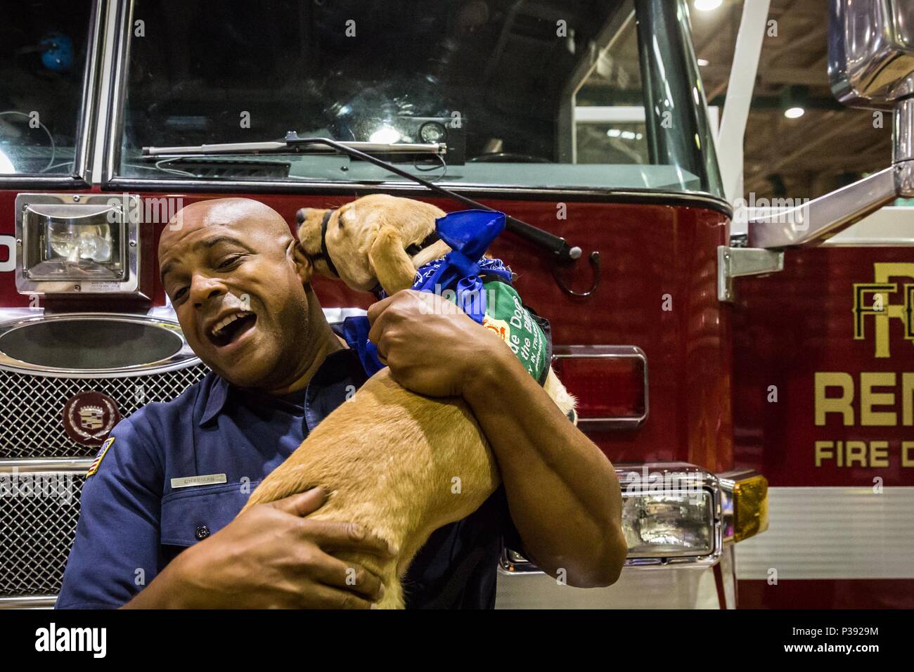 Reno, Nevada, USA. 17th June, 2018. Sunday, June 17, 2018.BERNIE CHAPMAN gets kisses from a Guide Dog For the Blind puppy-in-training during Kid's Day at the Reno Rodeo in Reno, Nevada. Chapman is a firefighter with Reno Fire Department Station 2. The Reno Rodeo is a Professional Rodeo Cowboys Association (PRCA) sanctioned sporting event, and one of the top five rodeos in North America. Reno Rodeo is a non-profit organization made up of over 1,000 volunteers. This year's rodeo, the 99th annual, runs from June 14-23, 2018. Credit: Tracy Barbutes/ZUMA Wire/Alamy Live News Stock Photo