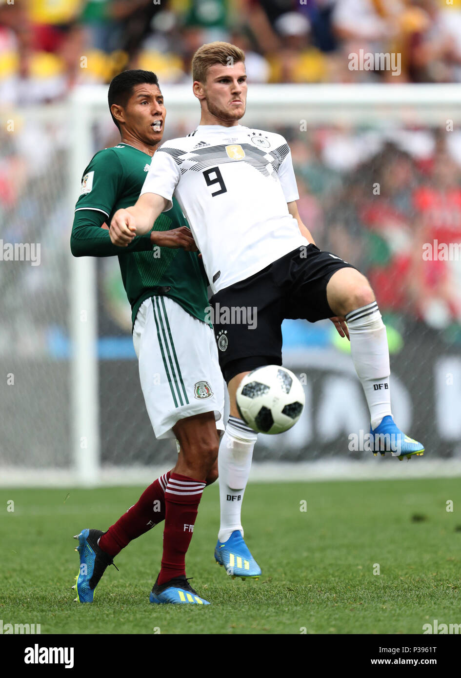 Hugo Ayala & Timo Werner GERMANY V MEXICO GERMANY V MEXICO, 2018 FIFA WORLD CUP RUSSIA 17 June 2018 GBC8319 2018 FIFA World Cup Russia STRICTLY EDITORIAL USE ONLY. If The Player/Players Depicted In This Image Is/Are Playing For An English Club Or The England National Team. Then This Image May Only Be Used For Editorial Purposes. No Commercial Use. The Following Usages Are Also Restricted EVEN IF IN AN EDITORIAL CONTEXT: Use in conjuction with, or part of, any unauthorized audio, video, data, fixture lists, club/league logos, Betting, Games or any 'live' services. Also Rest Stock Photo