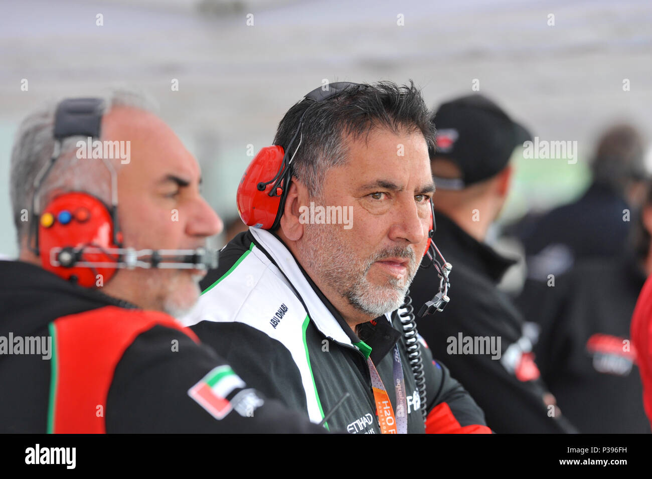 London, UK. 17th June, 2018. Guido Cappellini (Technical Director) and  Attilio Donzelli (Assistant Team Manager) watching the Team Abu Dhabi boats  racing in the UIM F1H2O London Grand Prix, part of the