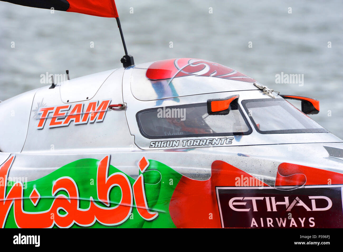 London, UK. 17th June, 2018. Shaun Torrente (USA, Team Abu Dhabi) on a parade lap shortly before the start of the UIM F1H2O London Grand Prix, part of the UIM F1H2O World Championship event at Royal Victoria Dock, London, UK.  The UIM F1H2O World Championship is a series of international powerboat racing events, featuring single-seater, enclosed cockpit, catamarans which race around an inshore circuit of around 2km at speeds of up to 136mph/220kmh. Credit: Michael Preston/Alamy Live News Stock Photo
