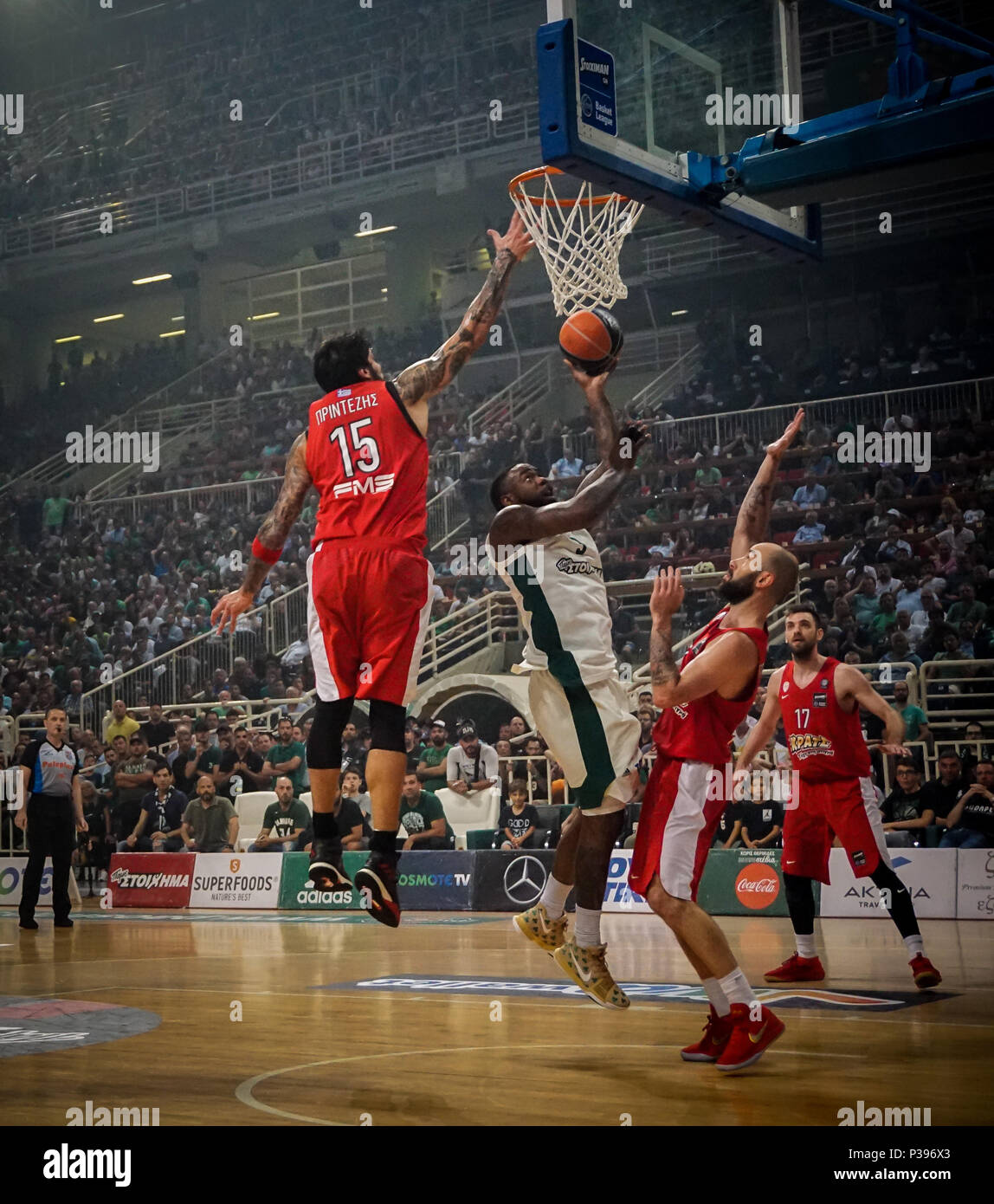 Athens, Greece. 17th June, 2018. K. C. Rivers (M) of Panathinaikos  superfoods during the Greek Basketball League