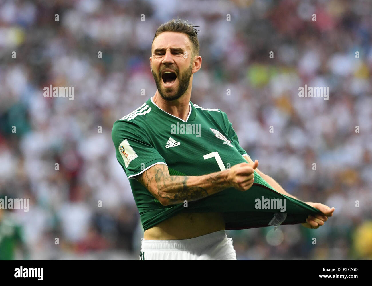 17 June 2018, Russia, Moscow, Soccer, FIFA World Cup, Group F, Matchday 1 of 3, Germany vs Mexico at the Luzhniki Stadium: Mexico's Miguel Layun reacts to the game. Photo: Ina Fassbender/dpa Stock Photo