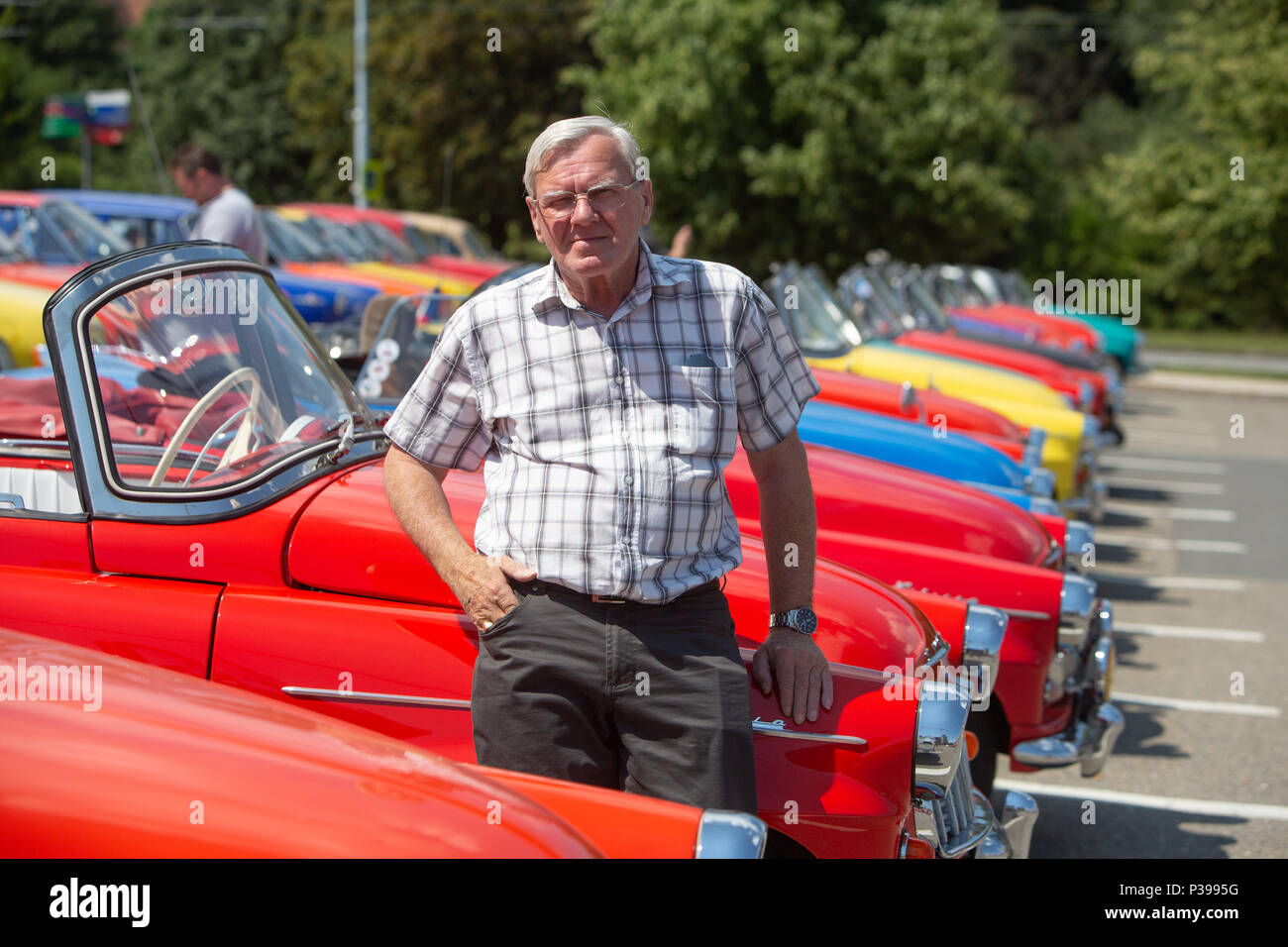 Zlin, Czech Republic. 16th June, 2018. Some 60 sports cars of Skoda brand, mostly historical model Felicia, participated 53rd meeting of Skoda sports cars in Zlin, Czech Republic, on June 16, 2018. On the photo is seen participant of the meeting Josef Omelka, owner of Felicia from 1960. Credit: Josef Omelka/CTK Photo/Alamy Live News Stock Photo