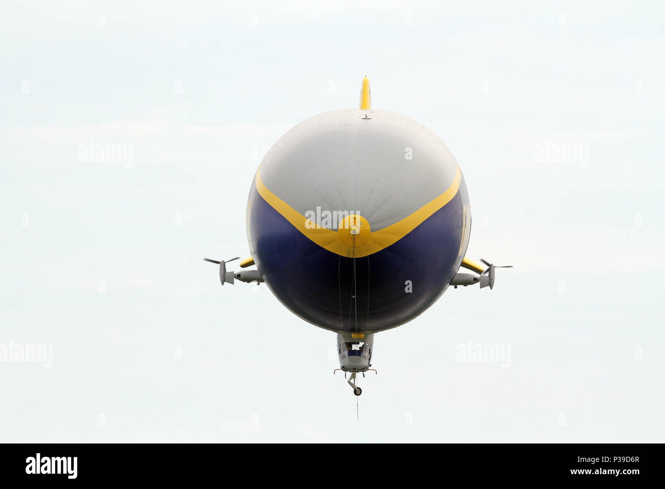 SUFFIELD, OHIO / USA – JUNE 16: The Goodyear blimp Wingfoot One on June 16, flying above Wingfoot Lake, Suffield, Ohio. This is at Blimp Base One, hom Stock Photo