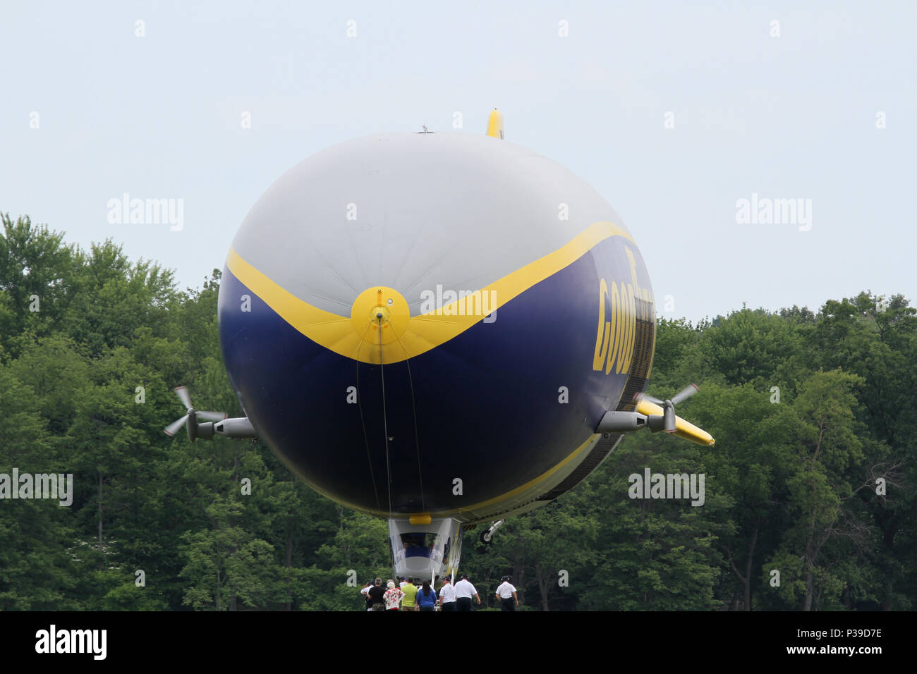 SUFFIELD, OHIO / USA – JUNE 16: The Goodyear blimp Wingfoot One on June 16, at Wingfoot Lake, Suffield, Ohio. This is at Blimp Base One, home of the G Stock Photo
