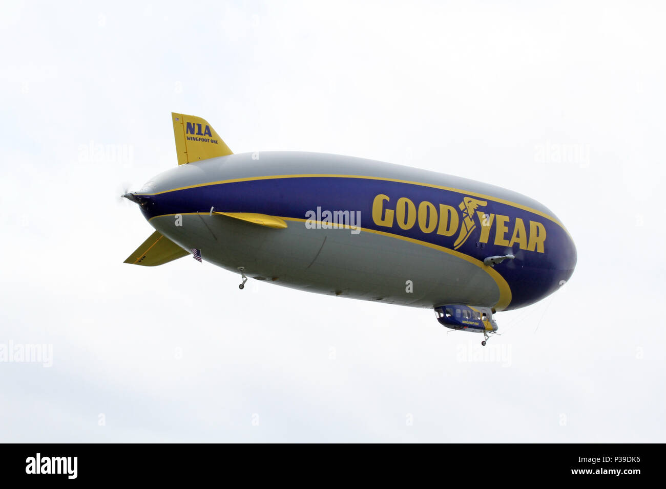 SUFFIELD, OHIO / USA – JUNE 16: The Goodyear blimp Wingfoot One on June 16, flying above Wingfoot Lake, Suffield, Ohio. This is at Blimp Base One Stock Photo