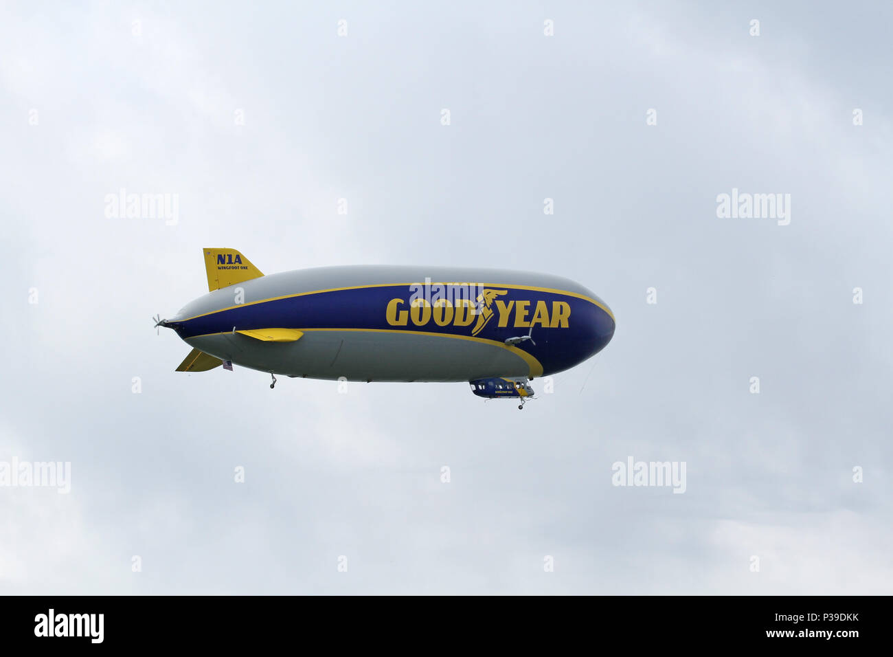 SUFFIELD, OHIO / USA – JUNE 16: The Goodyear blimp Wingfoot One on June 16, flying above Wingfoot Lake, Suffield, Ohio. This is at Blimp Base One Stock Photo