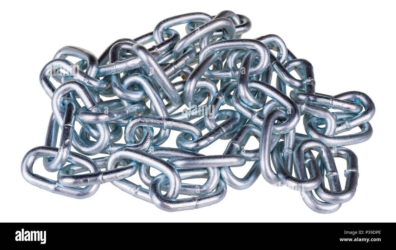 Tangle of glossy metal chains close-up. Pile of shiny silvery links connected in a solid steel chain. Idea of strength, firmness, proofness, security. Stock Photo
