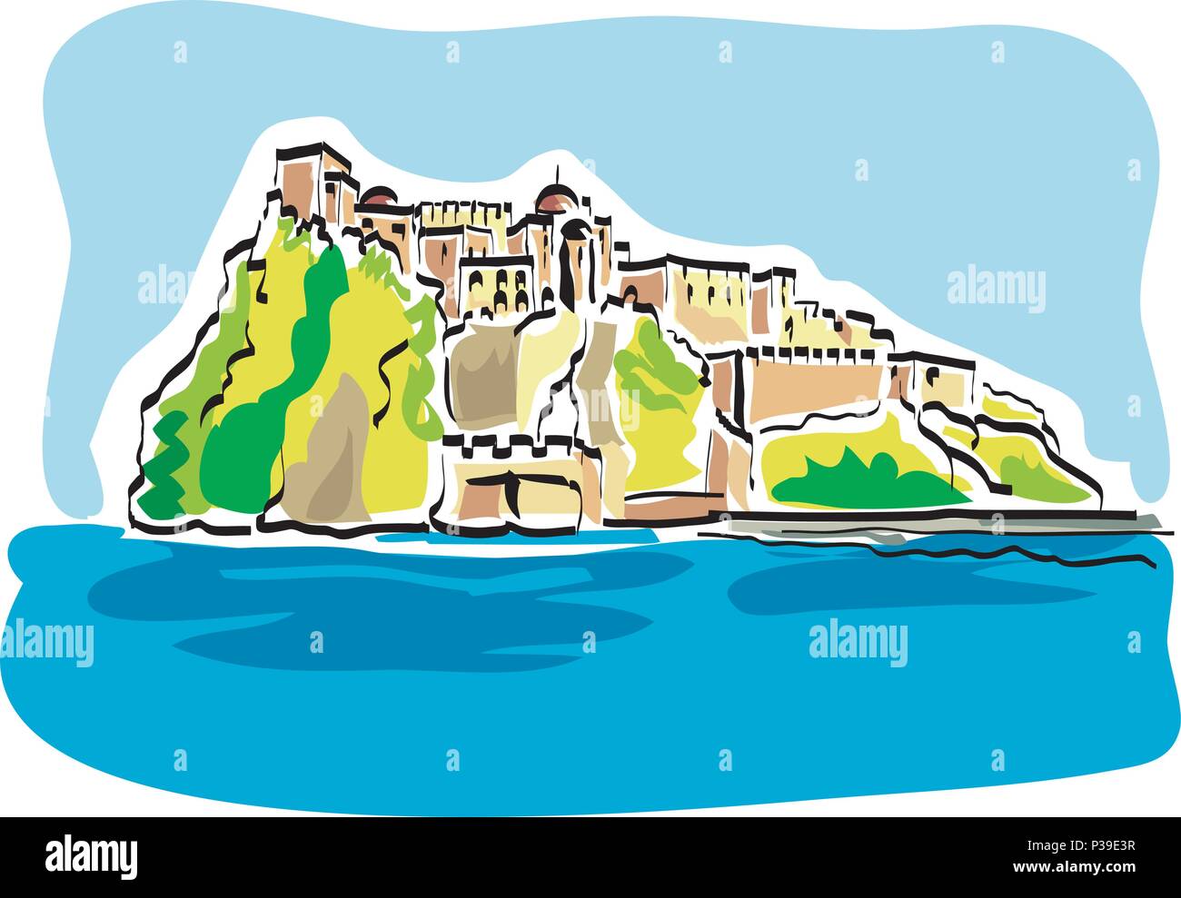 Vector illustration of the Aragonese Castle (Castello Aragonese), a medieval castle next to the island of Ischia at the Gulf of Naples, Italy Stock Vector