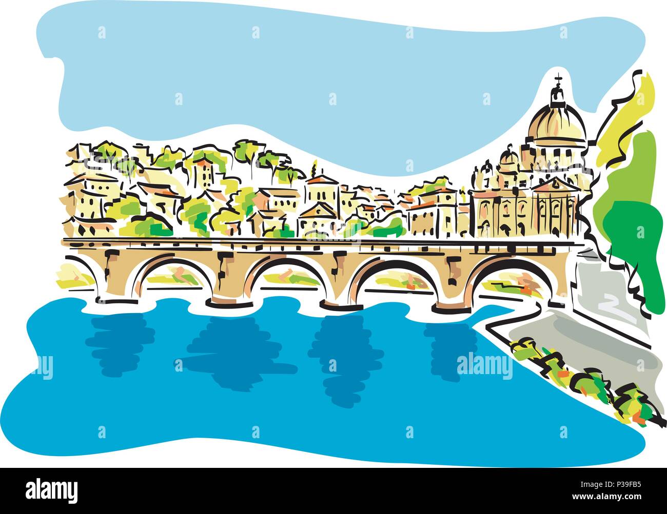 A vector illustration of a panorama from Rome with the river Tiber in the foreground and the St. Peter's Basilica on the background. Stock Vector