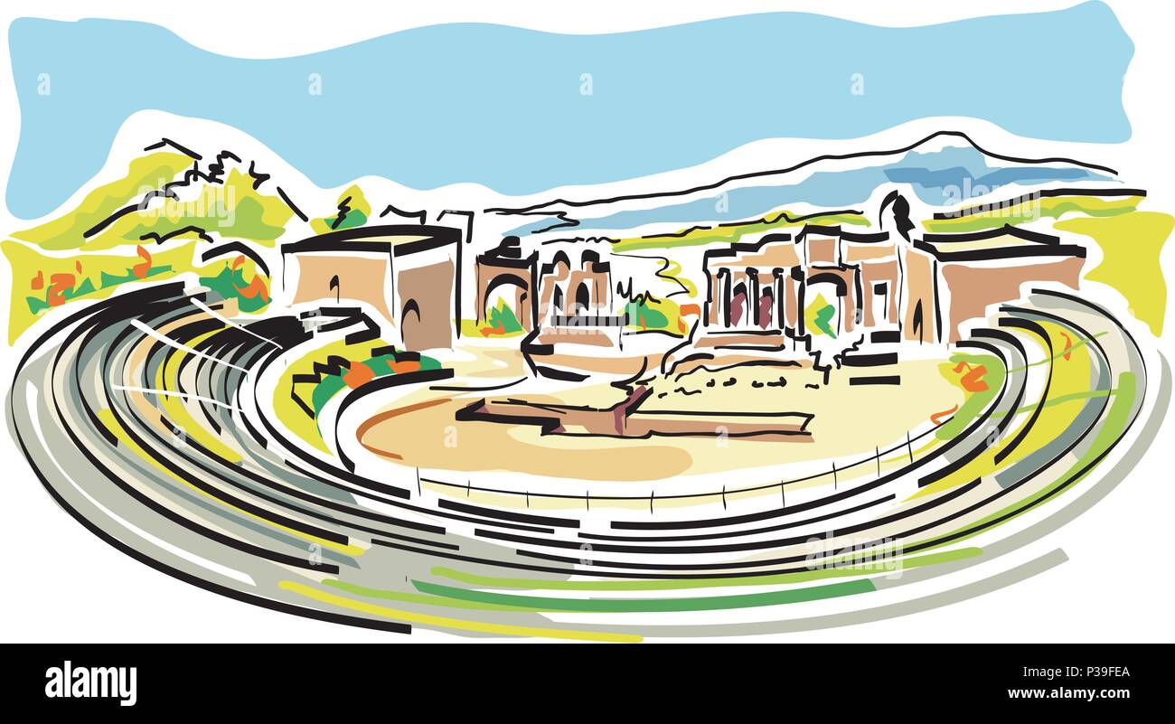 A vector illustration of the Ancient theatre of Taormina in Sicily, Italy. Stock Vector