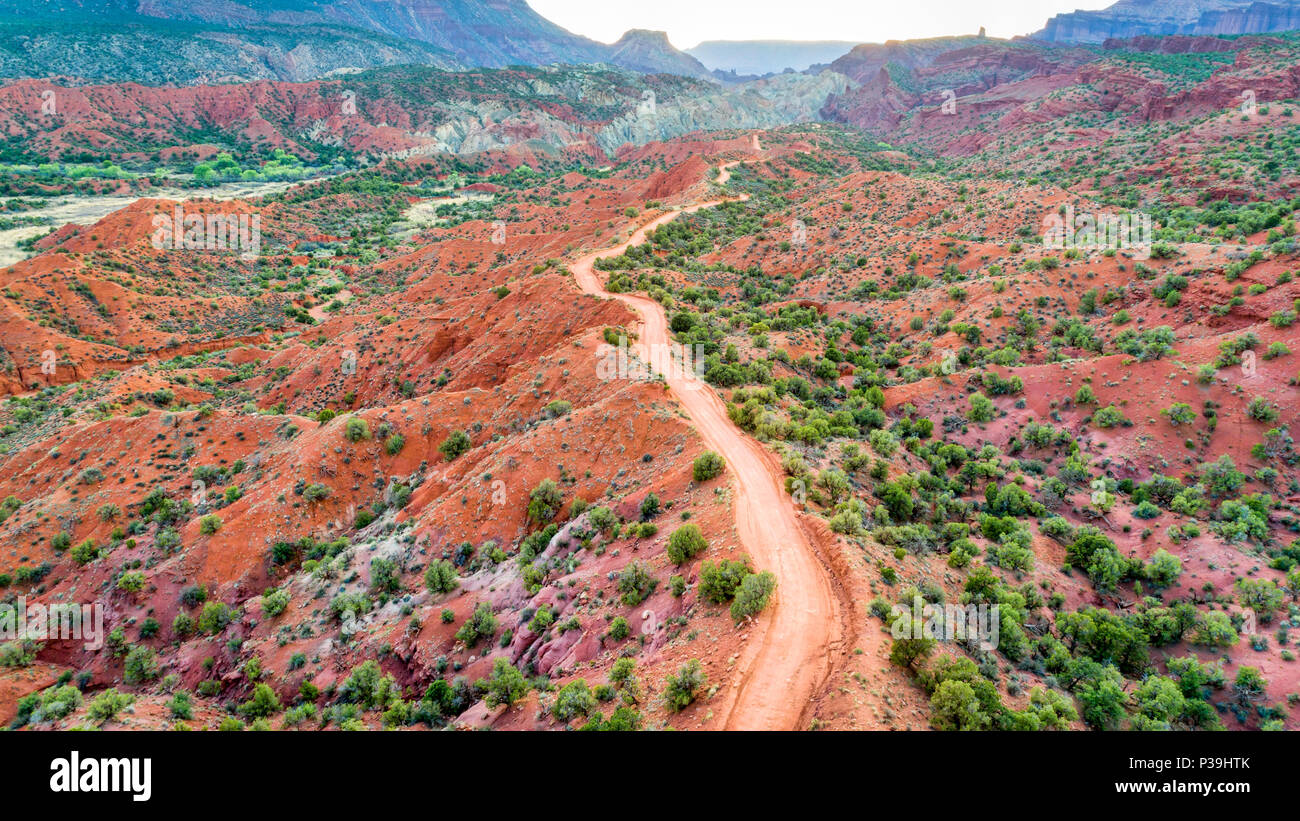 Aerial view of a desert road in the Moab area, Utah (Onion Creek Road