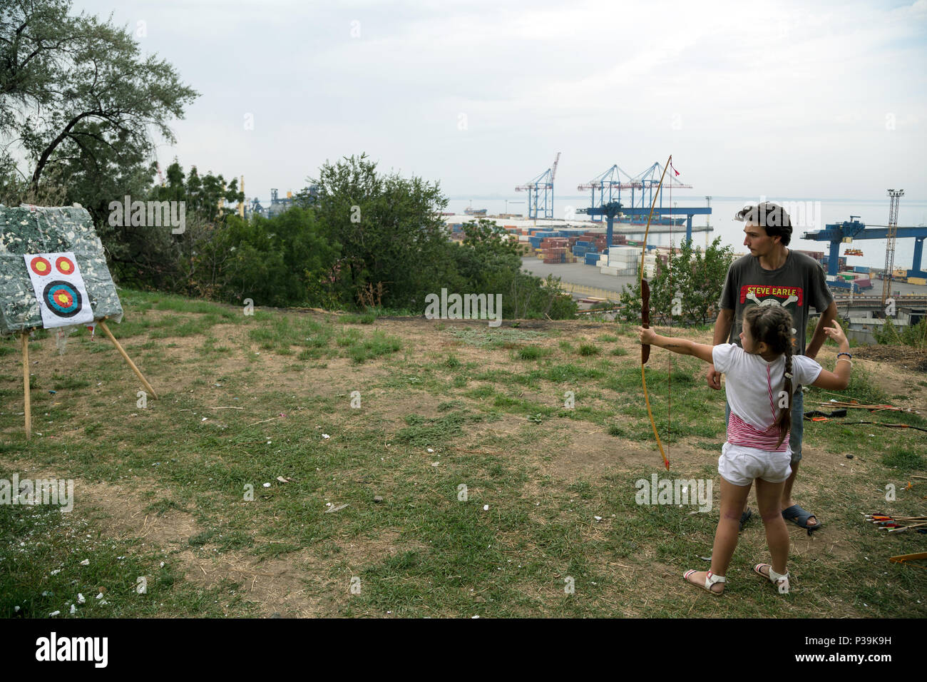 Odessa, Ukraine, a child learns archery Stock Photo