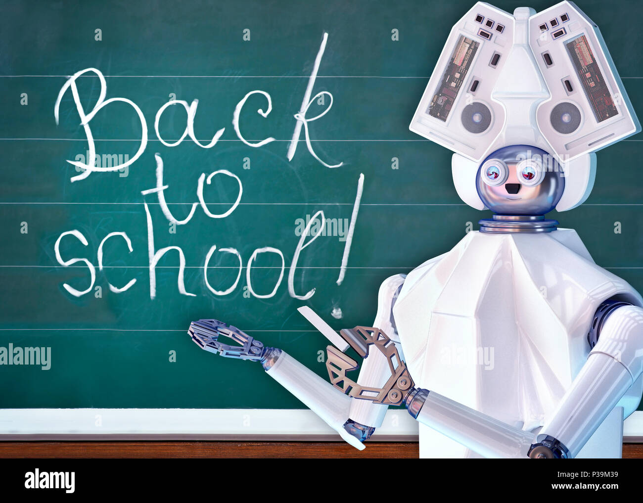Teacher robot with artificial intelligence in school class blackboard. Stock Photo