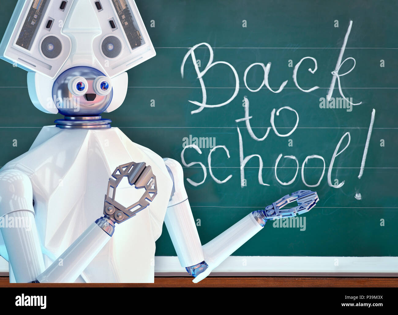 Teacher robot with schoolchild girl in school class near blackboard. Stock Photo