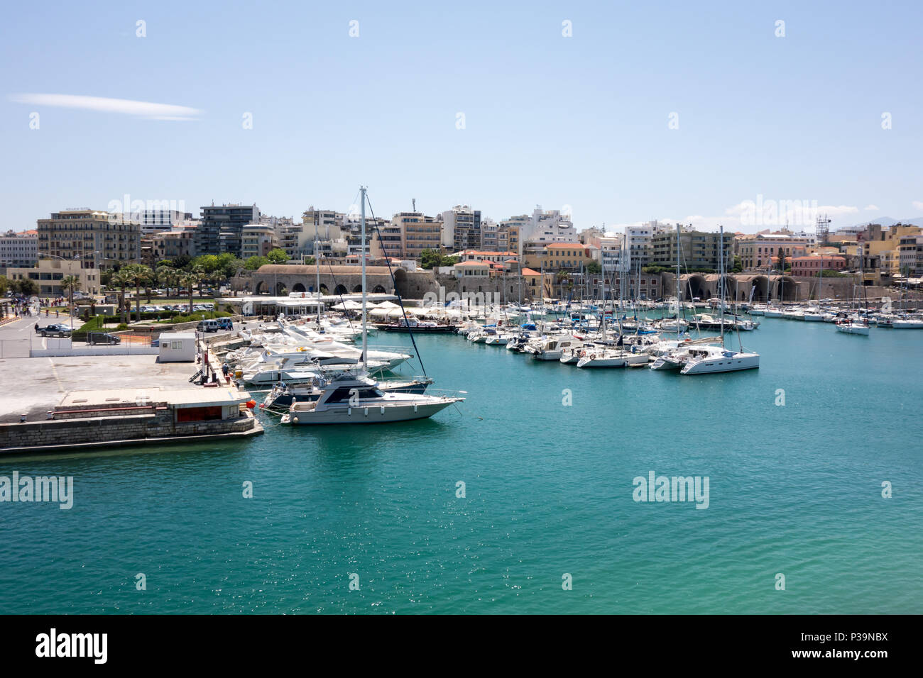 HERAKLION, CRETE - 13th May 2018: A view of the old venetian harbour from the Koules Fortress. Stock Photo