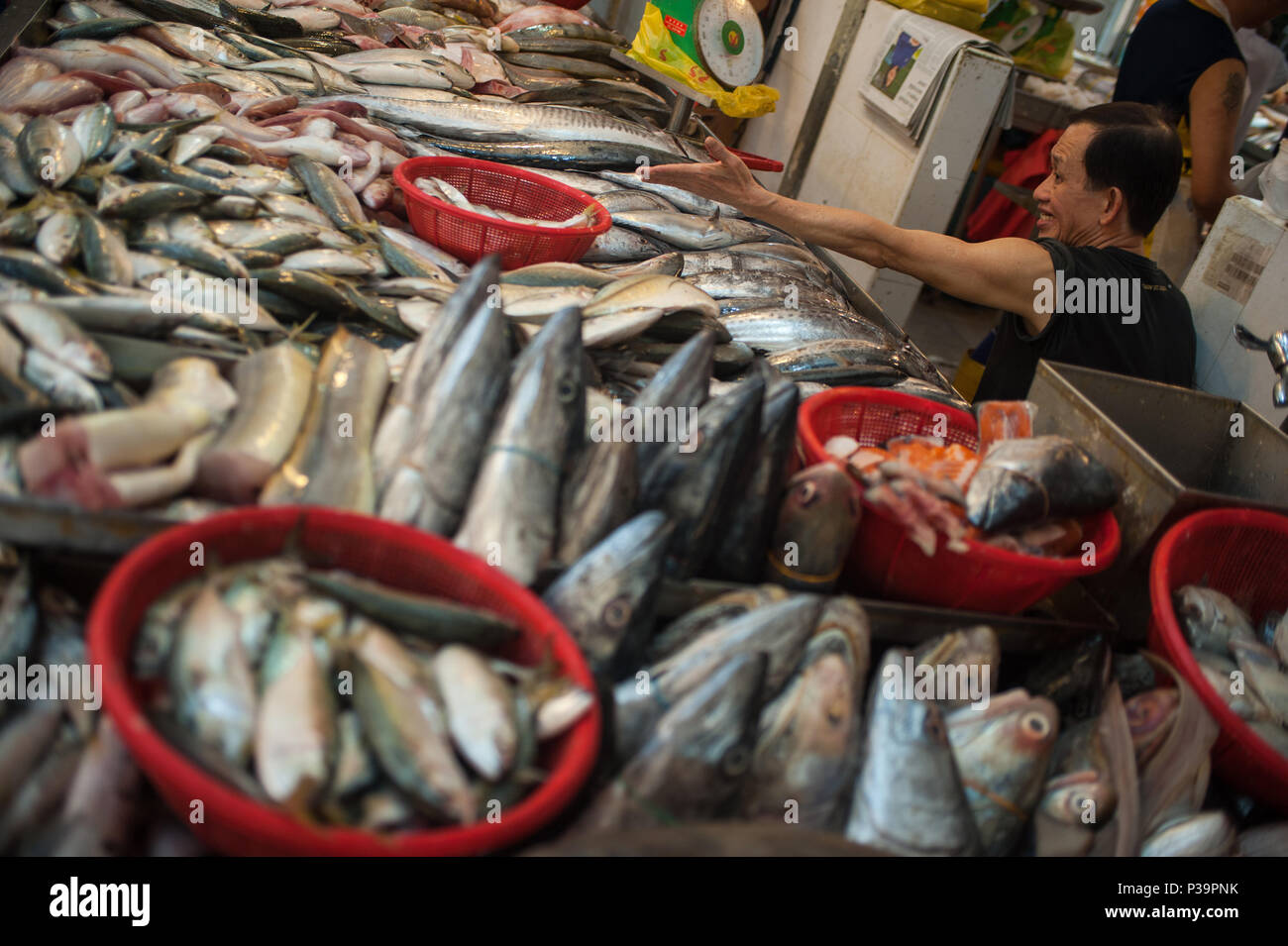 Singapore, Republic of Singapore, fish vendor in Tekka Market in Little India Stock Photo