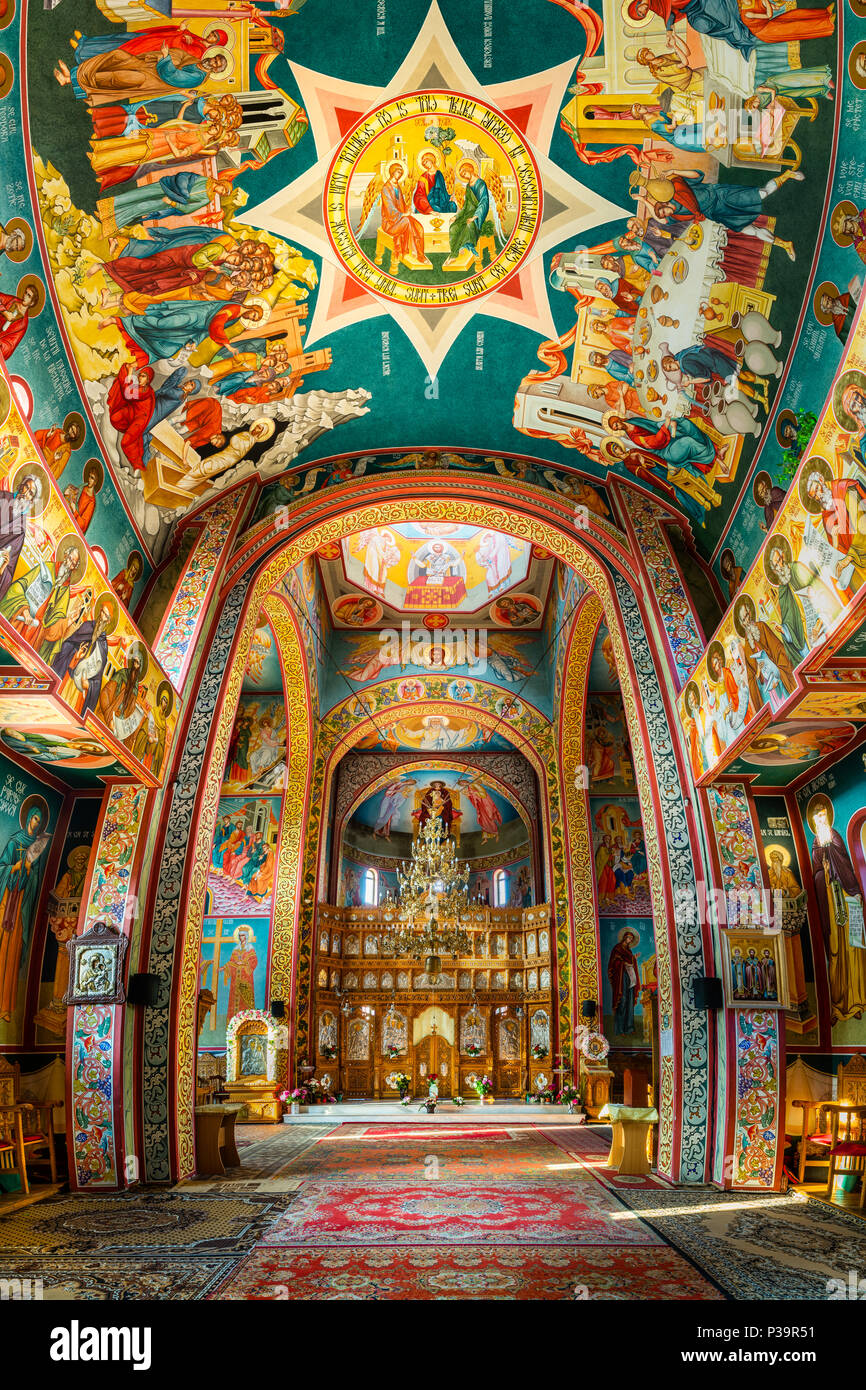 CONSTANTA, ROMANIA - May 24, 2018: Interior of the Church of the Three Hierarchs (vertical panorama) Stock Photo