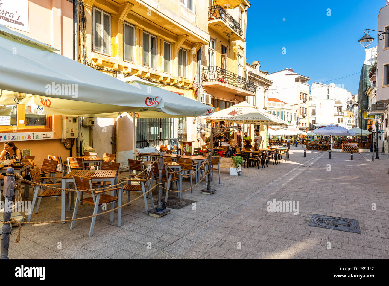 CONSTANTA, ROMANIA - MAY 24, 2018: Old town pedestrian street with restaurants and pubs Stock Photo