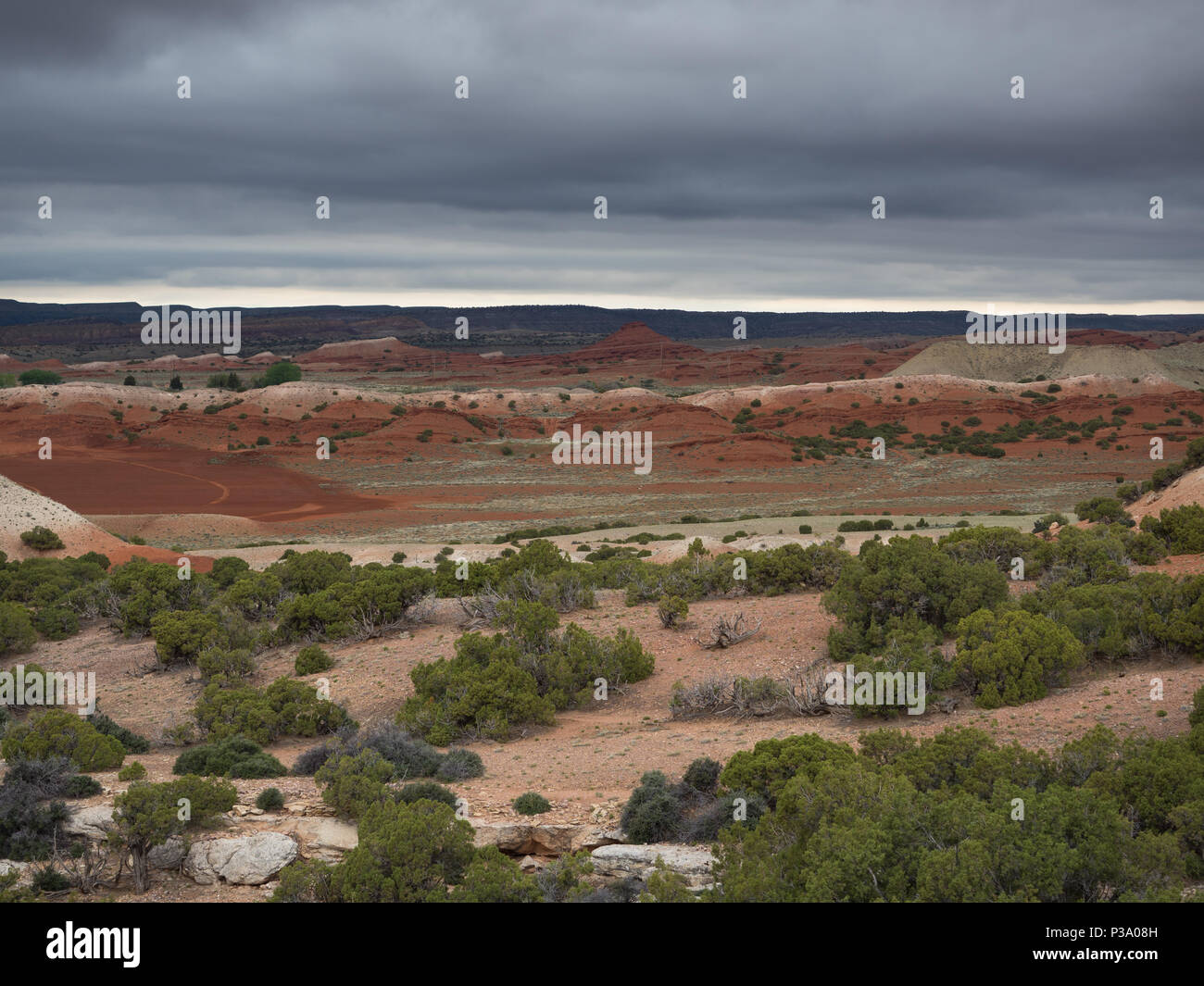 A valley with red hills in the Bighorn Canyon National Recreation Area ...